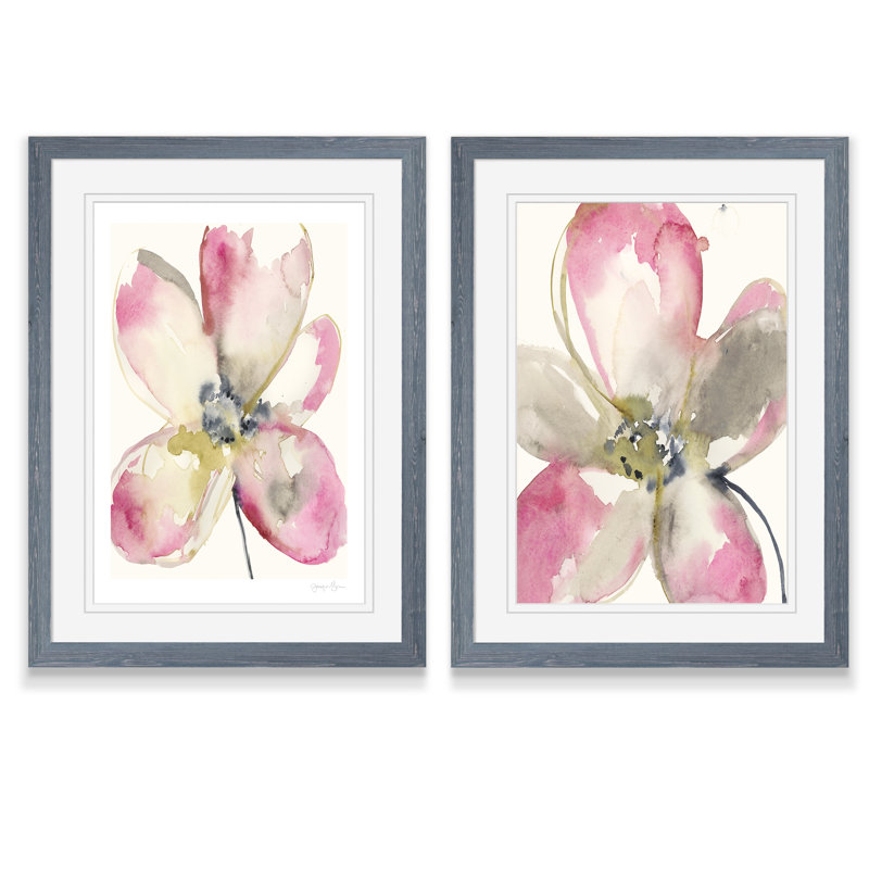 Magenta pétales I, ensemble de 2 reproductions d’art encadrées, H 24 po x l 18 po x P 1,25 po, Cadre ébène, Blanc