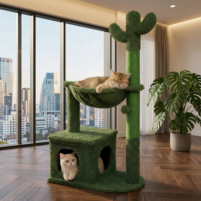 40in Cactus Cat Tower, Large Metal Carpet Hammock, Scratching Post for Indoor Cats, Condo, Replaceable Toy Ball, Green