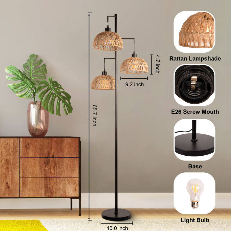 Rattan Black Floor Lamp with 3 Lights