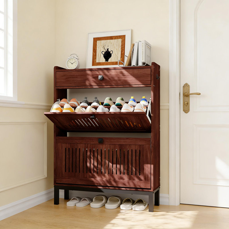 2-Door Flip Shoe Cabinet with Drawer, Adjustable Shelves, Hidden Entryway Wooden Shoe Storage Organizer, Walnut