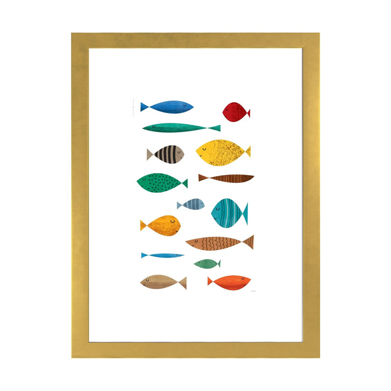 " Fish ", White, Gold Framed Paper, 32" H x 24" W x 1" D