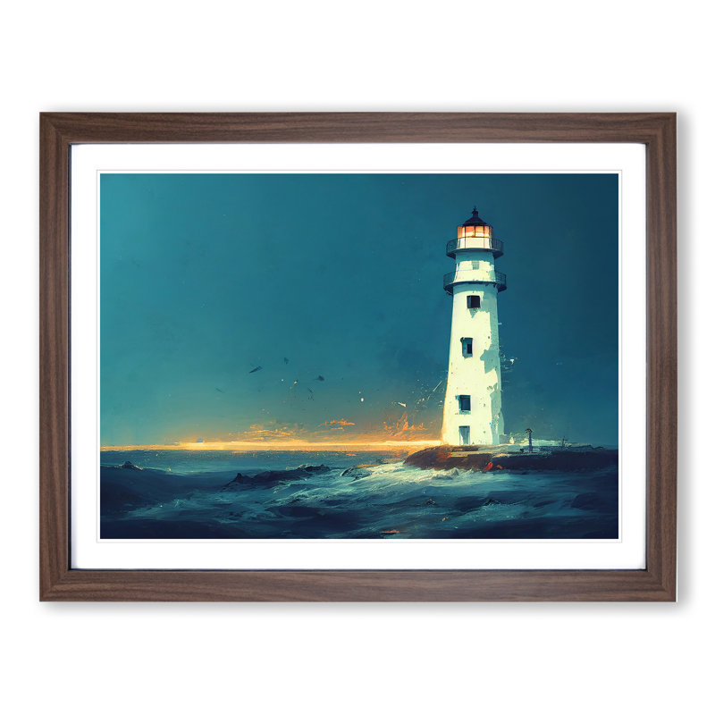 Thrilling Lighthouse Sunrise - Single Picture Frame Painting, 25cm H x 34cm W x 2cm D, Walnut Framed