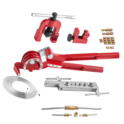 3/16" Brake Line Repair Kit, 45° Single Brake Line Flaring Tool Kit, 25ft Copper-coated Brake Line With 20 Fittings & 2 Unions, 3-in-1 Tube Bender For 1/4"-3/8", Tube Cutter Included