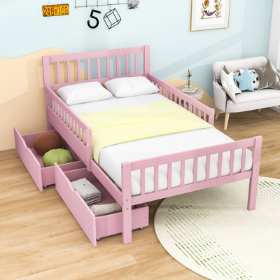 Wood Platform Bed with Guardrails and 2 Storage Drawers