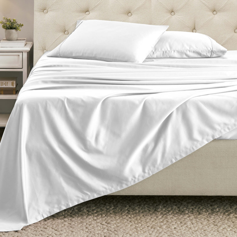 Ensemble de draps en mélange de coton 1500 fils Superior, Blanc, Ensemble de draps pour lit double avec 2 taies d'o