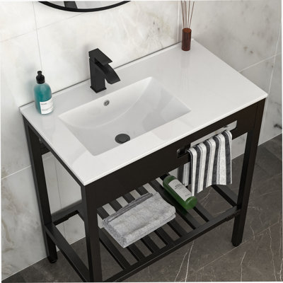 32" X 18.5" Bathroom Ceramic Console Sink With Overflow & Black Legs