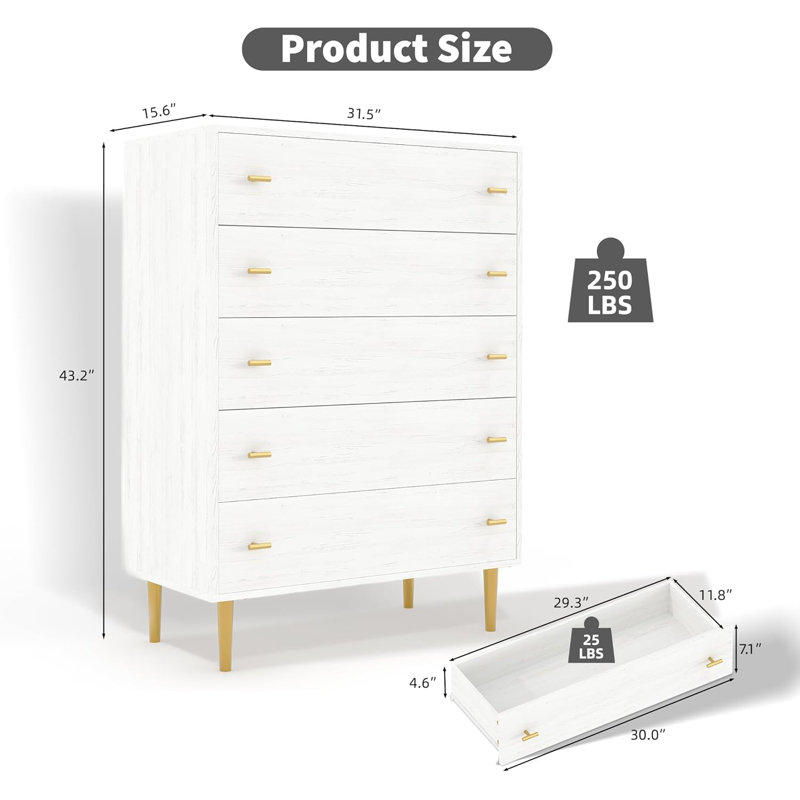 Commode blanche à 5 tiroirs 44 po avec poignées barre 44 po