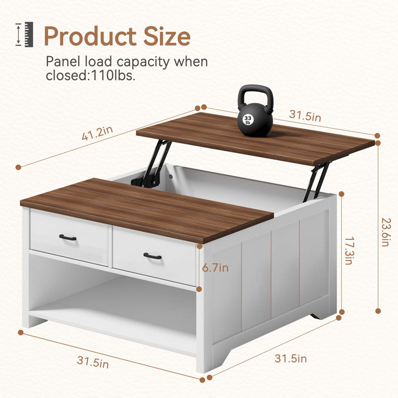 Table basse à plateau relevable Vividwood, table basse en bois avec grand rangement ouvert, tables basses carrées pour le salon, tables basses rustiques avec 2 tiroirs, café blanc