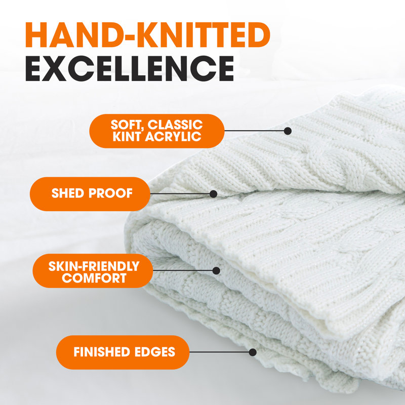 Ivory Cable Knit Acrylic Throw Blanket, 50" x 60"