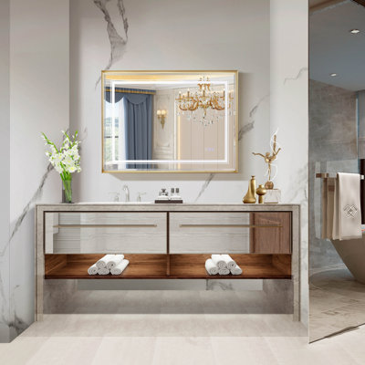 40*30Inch LED Bathroom  Beveled Mirror,3000-6000K Gradient Front And Backlit LED Mirror For Bathroom,3Colors Dimmable,IP54 Enhanced Anti-Fog,Hanging Plates Wall Mount Lighted Mirror.(Beveled Mirror)