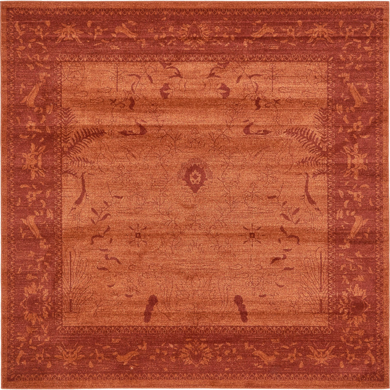 Tapis oriental orange à motif floral Godina, Carré 9 pi 10 po