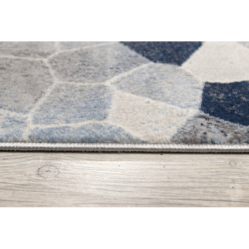 Rug Branch Joni 2' x 6' (2'3" x 5'11") Blue/Beige Stone Mosaic Indoor Runner Rug, Contemporary, Low Pile, Stain-Resistant Hallway Carpet - Entryway, Mudroom, Bedroom, and Kitchen
