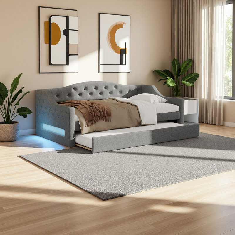 Upholstered Twin XL Size Daybed With LED Belt And Trundle, Gray