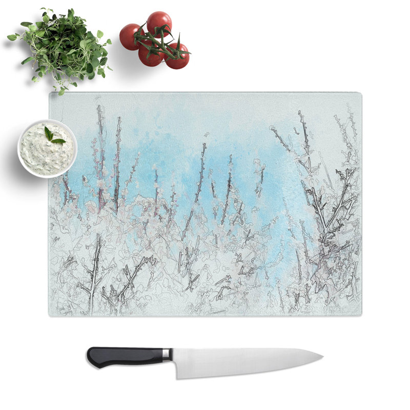 Tempered Glass Top of the Blossom Tree Sketch Chopping Board, 28.5 cm x 39 cm