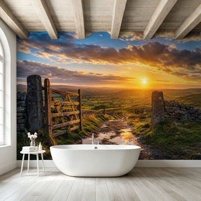 Peel and Stick Wallpaper Wall Mural Countryside Landscape Stone Wall Wooden Gate Golden Sunset Hills Wall Art Self Adhesive and Removable