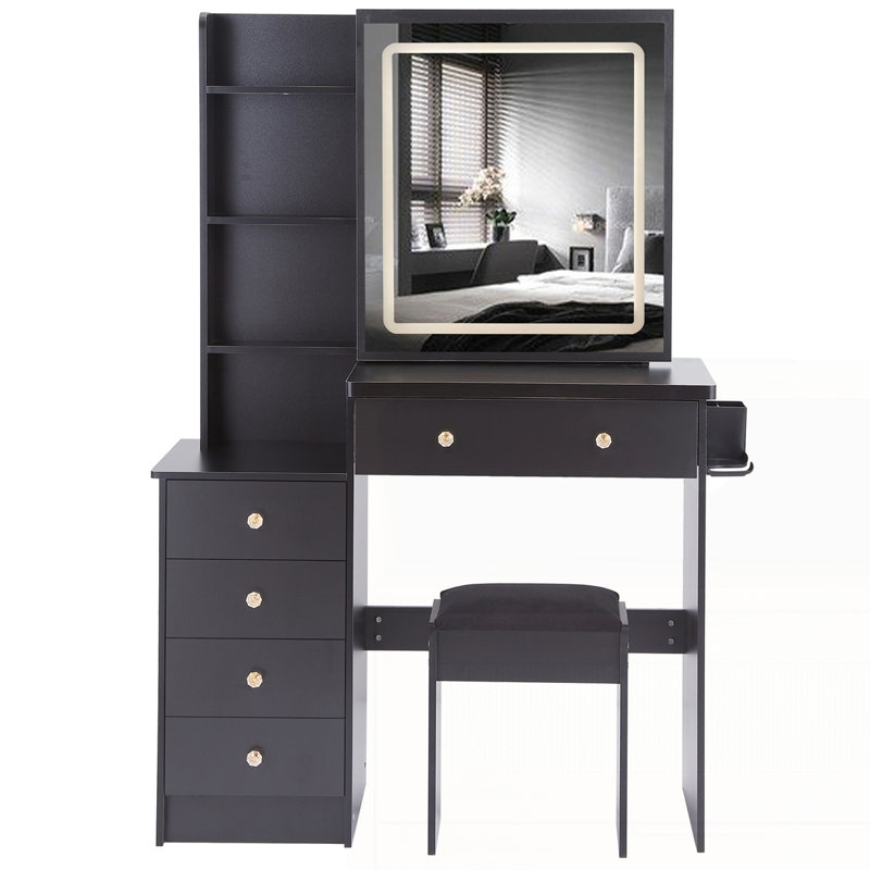 Ensemble de meuble-lavabo de 37 po avec commode de chevet gauche de taille moyenne et tabouret coussiné