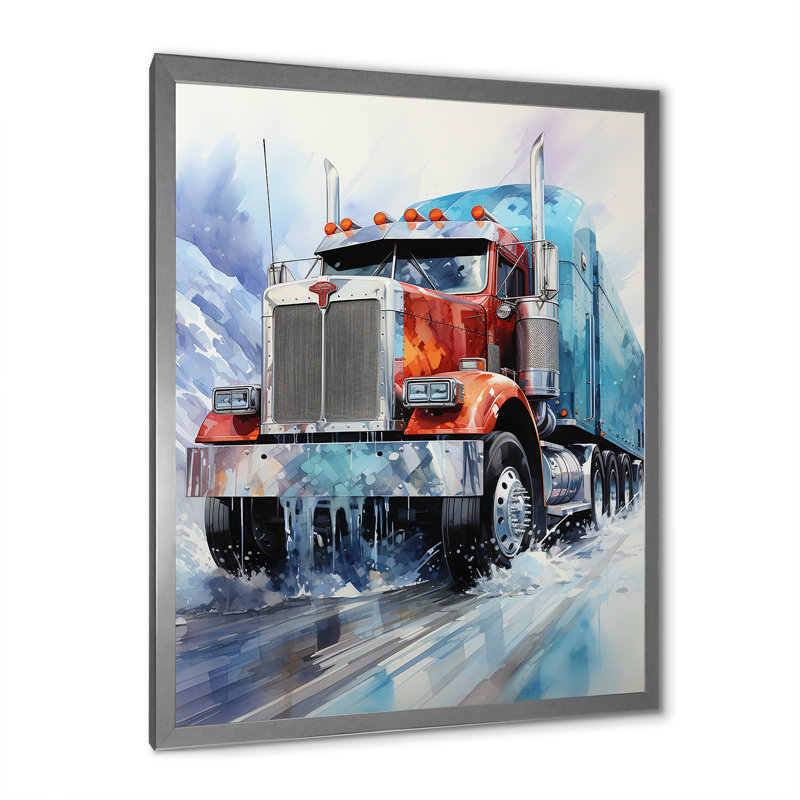 «Red Semi Truck In Winter II», reproduction sur toile encadrée, H 32 po x l 16 po x P 1 po, Cadre photo argenté
