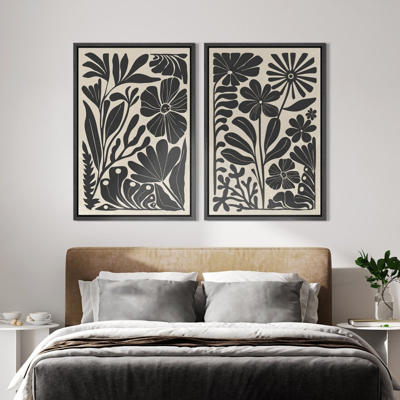 Abstract Botanical Unique Black And White Floral Modern Boho Framed  Canvas Print Pieces Wall Art Black 36