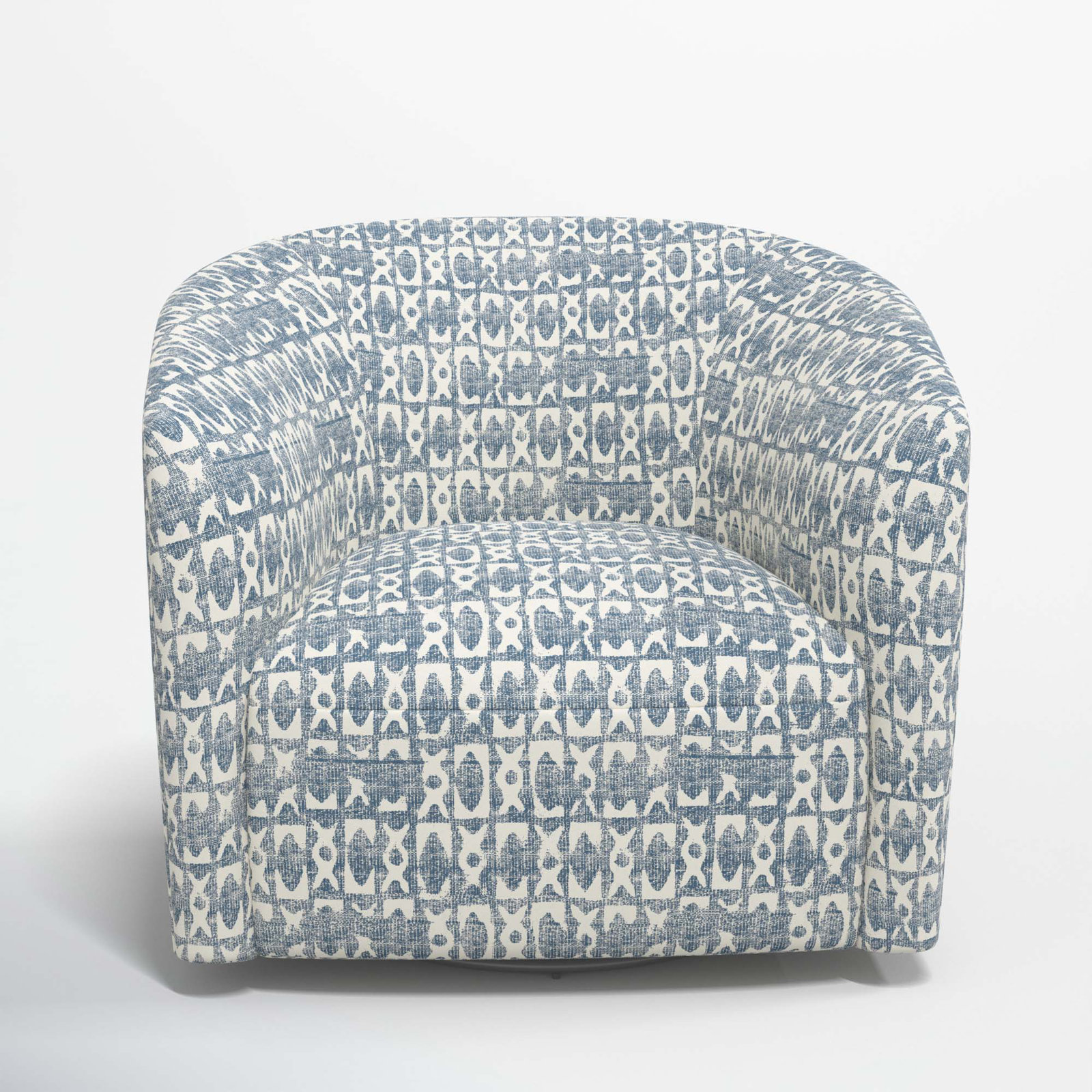 Marita Upholstered Swivel Barrel Chair, Texture Block Blue