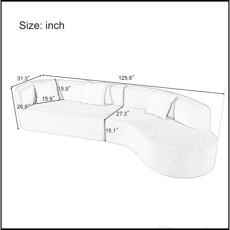 Grand canapé modulaire confortable 2 pièces avec 3 coussins, pour le salon, la chambre à coucher, Polyester beige