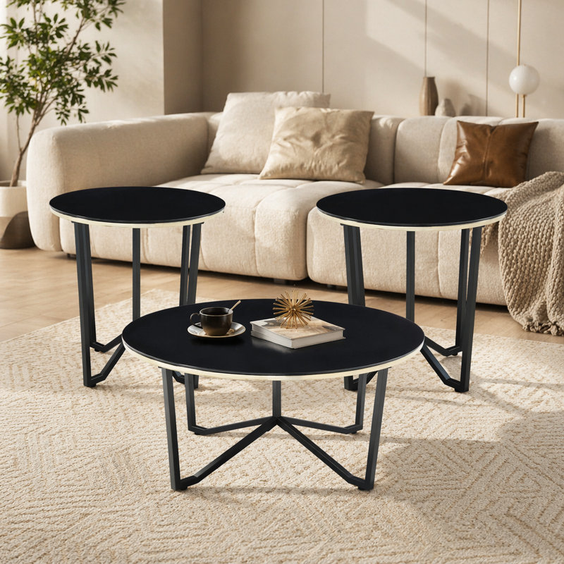Ensemble de table basse ronde et tables de bout 3 pièces, ensemble de salon moderne avec cadre en verre trempé noir