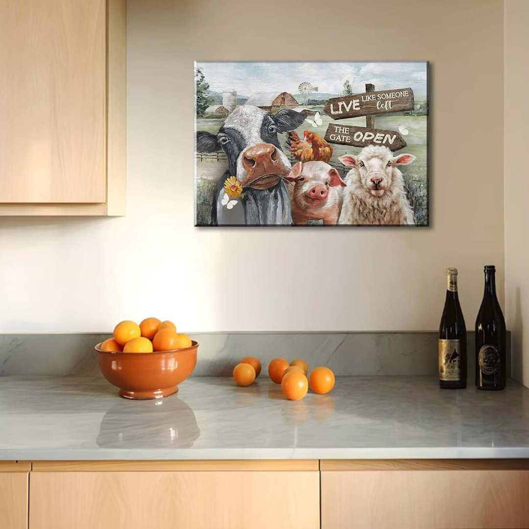 Funny Farm Animals Canvas Wall Art Rustic Farmhouse Poster Print Picture Cute Cow Sheep Pig Chicken Barn