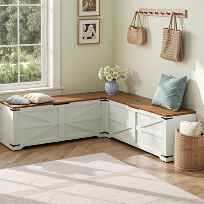 L-Shaped Farmhouse Wood Storage Bench with Hidden Corner Seating
