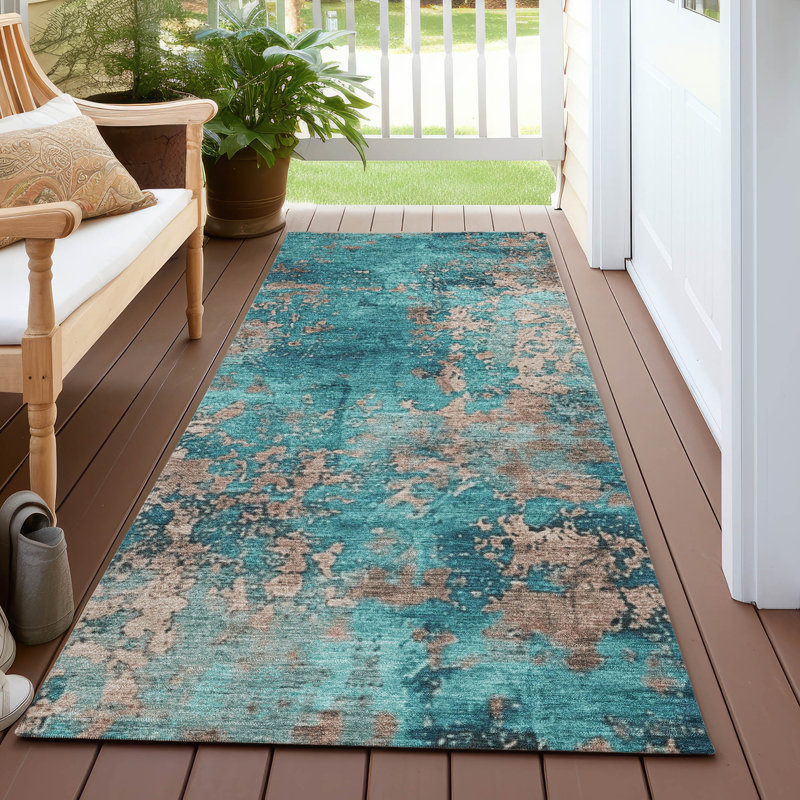 Tapis bleu sarcelle lavable à la machine intérieur / extérieur Xhevrie, Tapis de couloir 2 pi 3 po x 7 pi 6 po