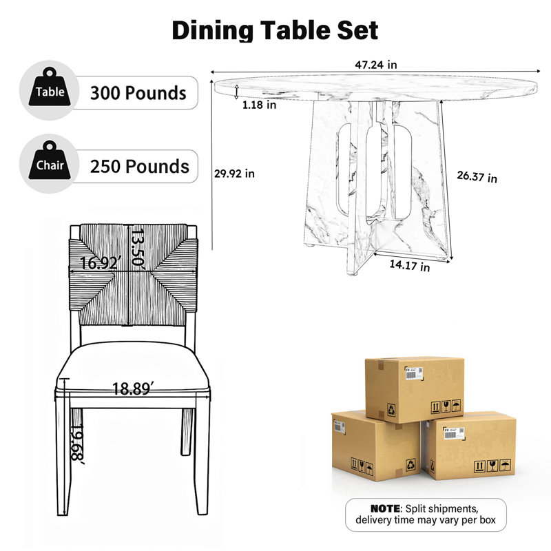 47.24" Ancient  Round MDF Dining Table with 4/6 Woven Linen Chairs, Farmhousefor Kitchen Dining Room Living Room, Walnut
