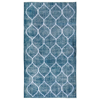 Tapis bleu / blanc / bleu sarcelle Overdye 3 pi 6 po x 6 pi 6 po style années 1930 Overdye