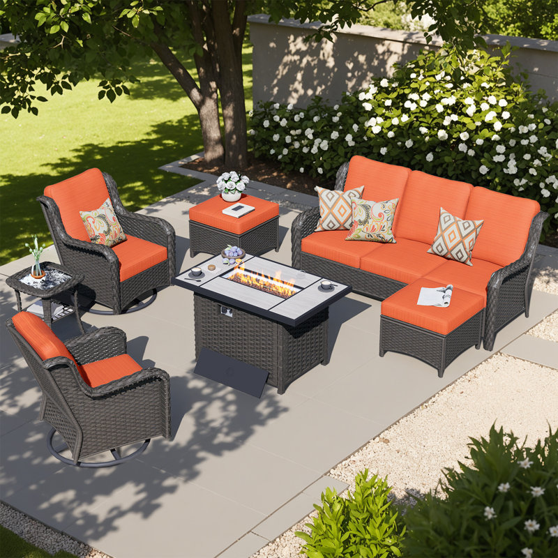 Tommy Wicker 5 - Person Patio Conversation Set with Cushions, Orange Red