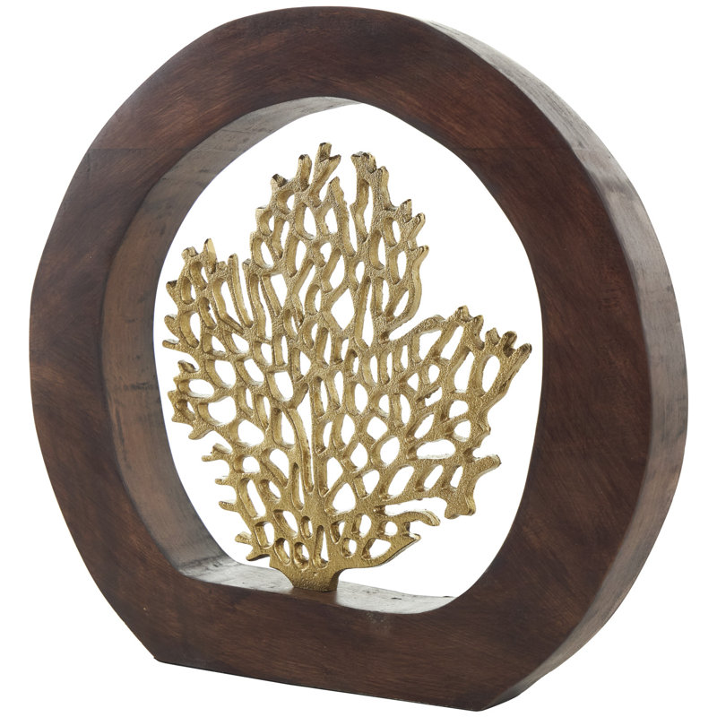Sculpture en aluminium corail et métal doré avec cadre en bois brun