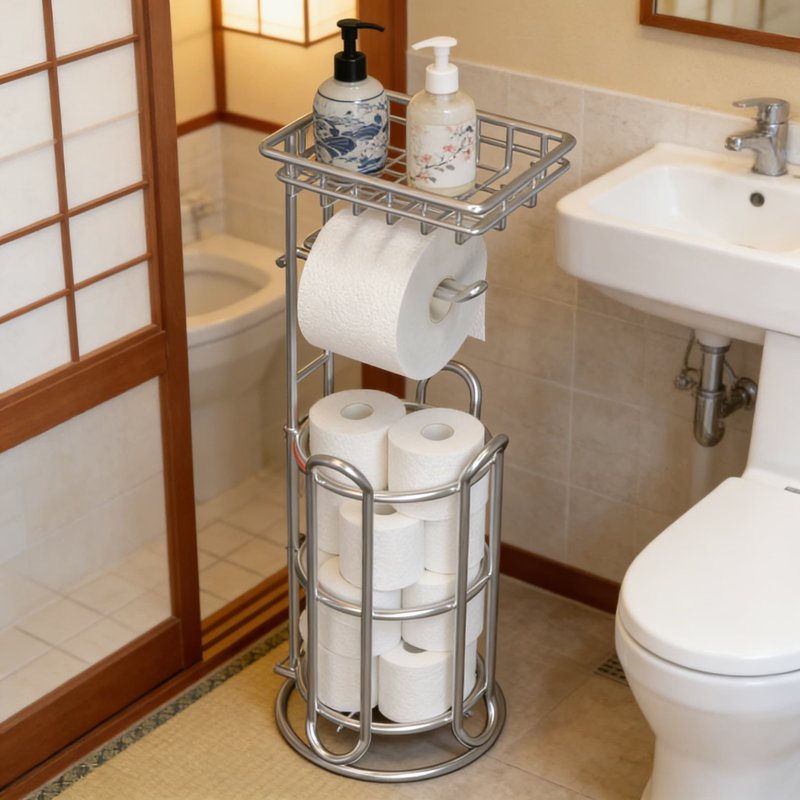 Freestanding Toilet Paper Holder Stand With Magazine Rack And Phone Shelf - All-In-One Bathroom Organizer For Mega Rolls, Tablets, And Essentials