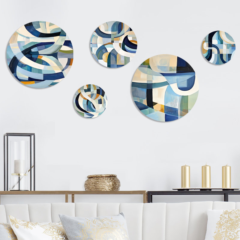 Cubist White Blue Reality - Ensemble de 5 décorations murales géométriques abstraites en métal