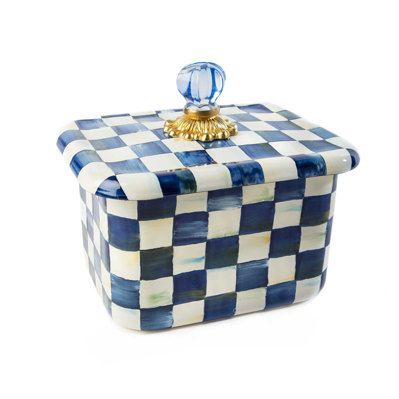 Elegant Royal Check Hand-Painted Recipe Box with Glass Knob