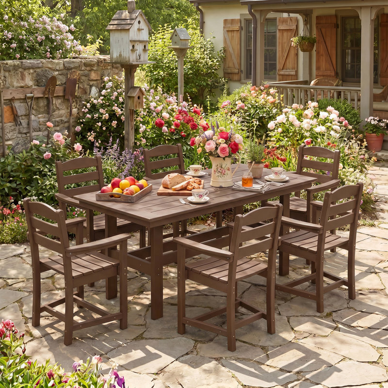 Ensemble de salle à manger d'extérieur en PEHD 7 pièces pour 6 personnes - Table de patio et chaises toutes saisons avec trou pour parasol 2 "