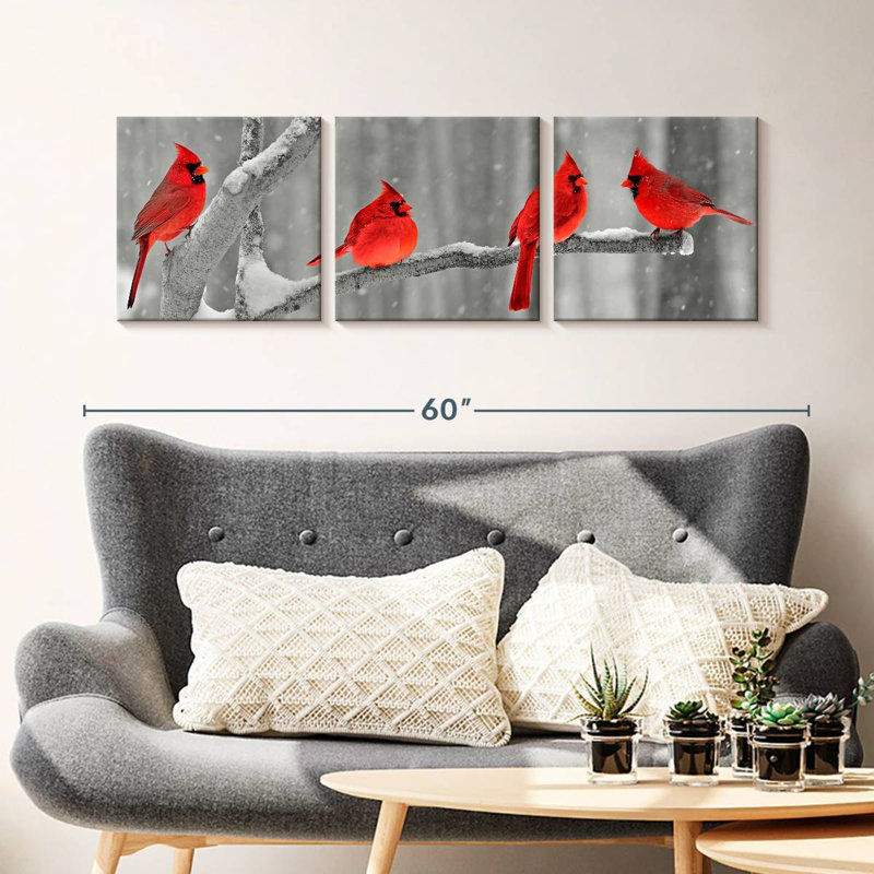 Cardinal Birds - 3 pièces sur toile tendue, H 15 po x l 47 po x P 1,25 po