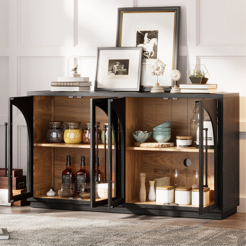 4-Door Large Storage Sideboard Buffet Cabinet With Glass Doors, Arched Cabinet With Adjustable Shelves For Kitchen, Dining Room And Living Room