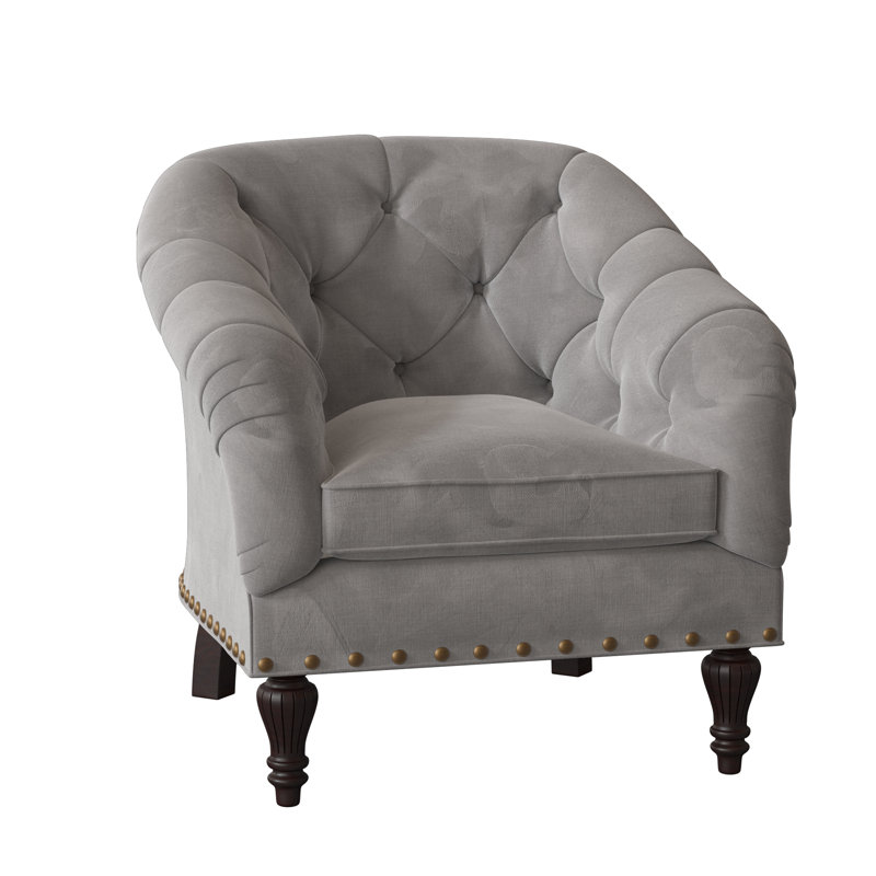 Fauteuil demi-tonneau à coussin en duvet capitonné de 35 po de largeur Siena, Argent Aubrey, Naturel français, Noyer noir