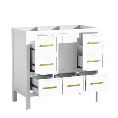 Rangement de salle de bain blanc, bois massif et 5 tiroirs, fermeture en douceur, meuble-lavabo 36 po, armoire, bois, portes à fermeture,