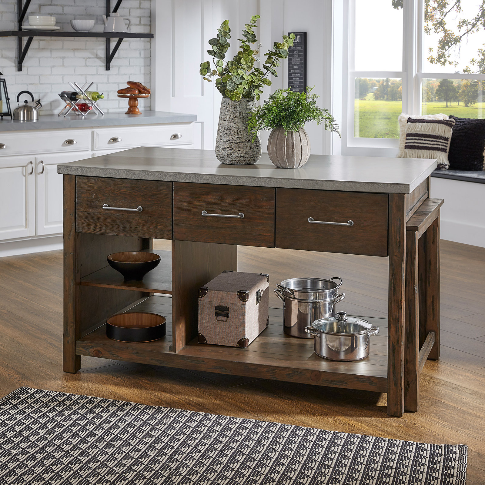 Tinka 3-Drawer Rectangle Pine Kitchen Island , Concrete Veneer, Brown