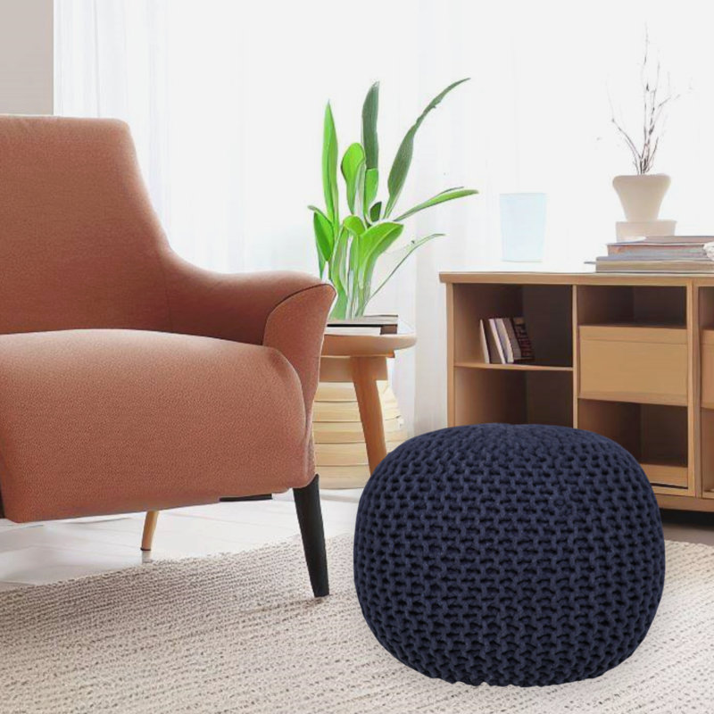 Ls Lychee Cotton Knit Pouf Ottoman , Navy