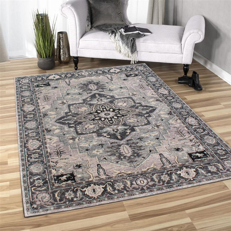 Tapis traditionnel en laine grise à motif floral fait main | Tapis de style transitionnel pour salon et chambre