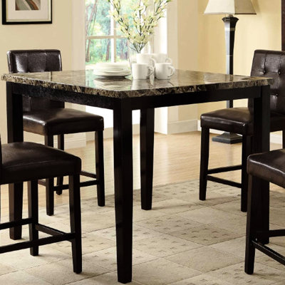 Table de salle à manger moderne en faux marbre brun foncé avec placage carré en bouleau