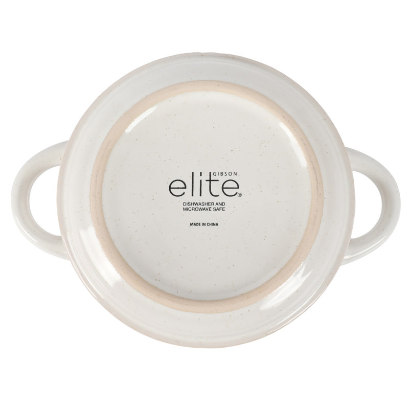 Gibson Elite Oyster Tide Embossed 6 Inch Soup Bowls with Handles. French Onion Soup Crocks, Stackable Soup Bowl, Chili, Beef Stew Reactive Glaze  Stackable Ceramic Bowl, Set of 4, White