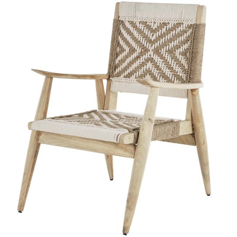 Bouley Jute Rope Handmade Geometric Patterned Woven Accent Chair with Brown Mango Wood Frame, White