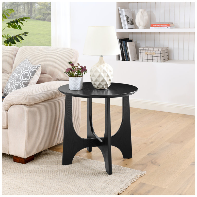 Table de bout ronde de 25 po avec finition en placage de bouleau, table d'appoint en bois aggloméré noir et table de chevet pour le salon ou la chambre à coucher