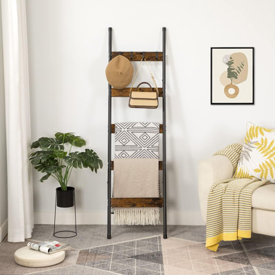 Échelle à couvertures, porte-serviettes à 5 niveaux avec crochets, porte-couvertures mural, échelle décorative, pour écharpes, industriel, salon, chambre à coucher, brun rustique et noir
