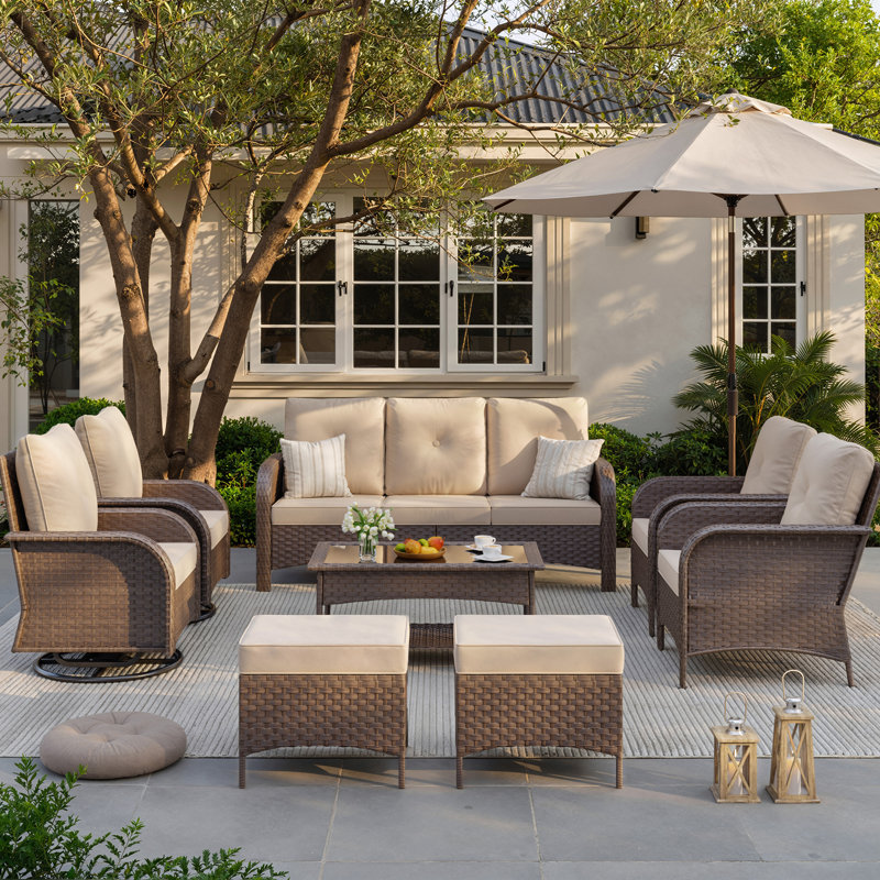 Ensemble de conversation de patio 8 pièces avec chaises berçantes pivotantes, ensemble de meubles d'extérieur en osier et structure en acier toutes saisons avec table basse de rangement, repose-pieds pour la cour, le porche, le jardin