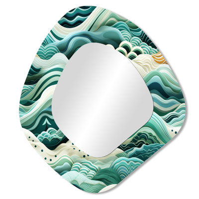 Coastal Chevron Green Waves Pattern - Coastal Asymmetrical Mirror, Green Unique Shape Unique Wall Mirror, Printed Metal Art